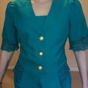 Teal Blazer with Lace Trim and Gold Buttons